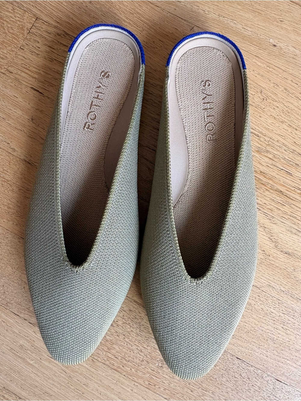 Rothy's Olive Pointed Mule Flats with Blue Trim